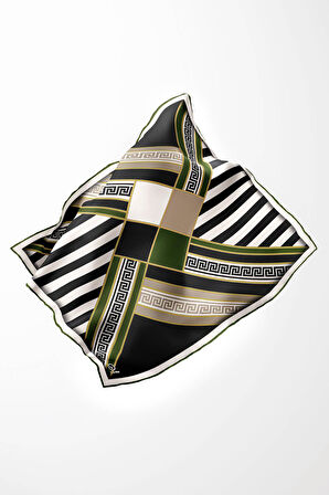 Twill Çizgili Geometrik Desenli Zümrüt Yeşili Renkli 90x90 Eşarp (İpek İçermez) Kenar Dikiş Şekli El Dikişli