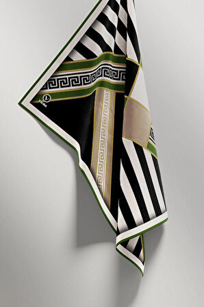 Twill Çizgili Geometrik Desenli Zümrüt Yeşili Renkli 90x90 Eşarp (İpek İçermez) Kenar Dikiş Şekli El Dikişli