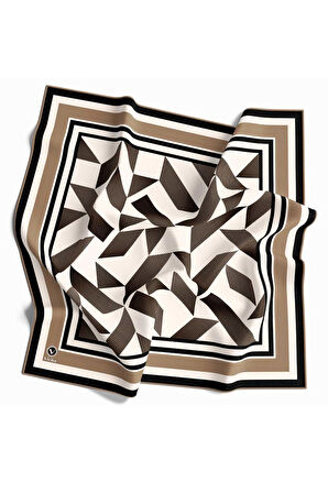 Twill Geometrik Desenli Bej Renkli 90x90 Eşarp (İpek İçermez) Kenar Dikiş Şekli El Dikişli