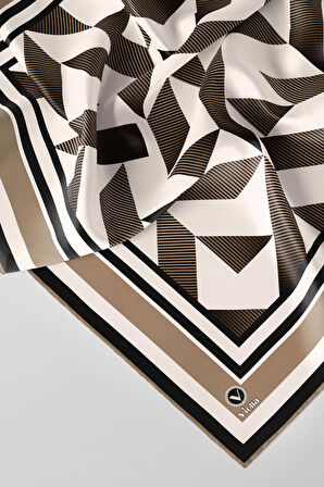 Twill Geometrik Desenli Bej Renkli 90x90 Eşarp (İpek İçermez) Kenar Dikiş Şekli El Dikişli