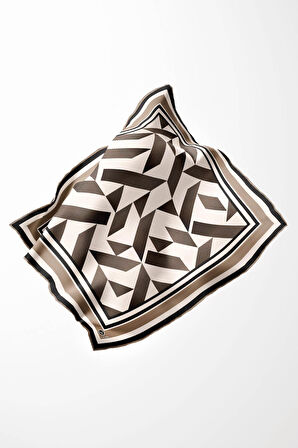 Twill Geometrik Desenli Bej Renkli 90x90 Eşarp (İpek İçermez) Kenar Dikiş Şekli El Dikişli