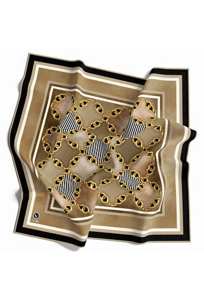 Twill Zincirli Geometrik Desenli Bej Renkli 90x90 Eşarp (İpek İçermez) Dikim Şekli : El Dikişi