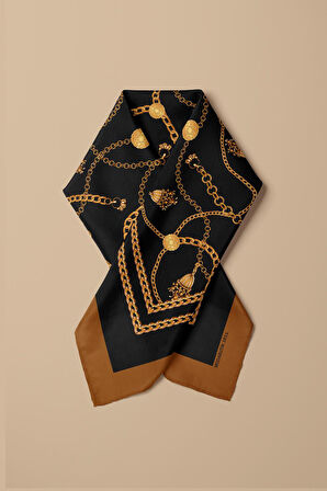 C28 Kadın Sarı Siyah Zincir Desenli 50x50 Bandana HYL DG01611-22