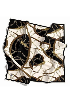 Twill Kemer ve Zincir Desenli Siyah Renkli 90x90 Eşarp (İpek İçermez) Kenar Dikiş Şekli El Dikişli