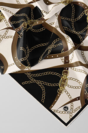 Twill Kemer ve Zincir Desenli Siyah Renkli 90x90 Eşarp (İpek İçermez) Kenar Dikiş Şekli El Dikişli