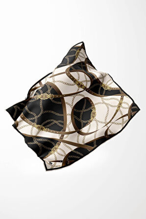 Twill Kemer ve Zincir Desenli Siyah Renkli 90x90 Eşarp (İpek İçermez) Kenar Dikiş Şekli El Dikişli