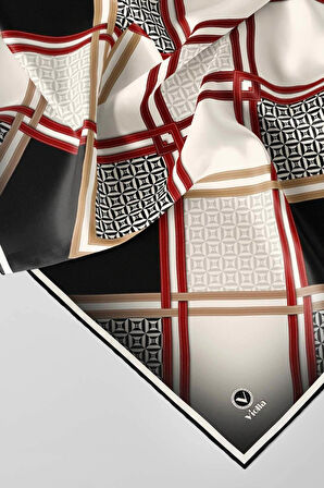 Twill Geometrik Desenli Siyah - Bordo Renkli 90x90 Eşarp (İpek İçermez) Kenar Dikiş Şekli El Dikişli