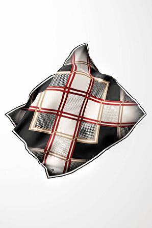 Twill Geometrik Desenli Siyah - Bordo Renkli 90x90 Eşarp (İpek İçermez) Kenar Dikiş Şekli El Dikişli