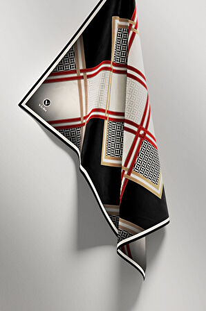 Twill Geometrik Desenli Siyah - Bordo Renkli 90x90 Eşarp (İpek İçermez) Kenar Dikiş Şekli El Dikişli