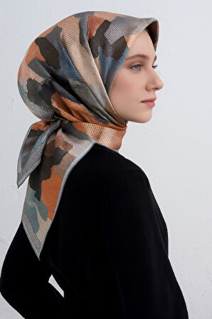 Vissona Tivil İpek Eşarp 50128 - 0013 - 0040 Turuncu Yeşil  Armürlü Desen