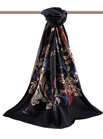 LÜKS MEDİNE İPEĞİ NAKIŞ ÇİÇEK DESENLİ SİYAH RENKLİ 75X195 KIRIŞMAZ ŞAL MOSS KREP DİKİŞ TİPİ İTALYAN DİKİŞLİ