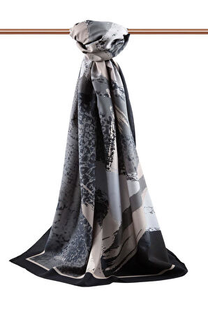 LÜKS MEDİNE İPEĞİ LEOPAR DESENLİ SİYAH - GRİ RENKLİ 75X195 KIRIŞMAZ ŞAL MOSS KREP DİKİŞ TİPİ İTALYAN DİKİŞLİ