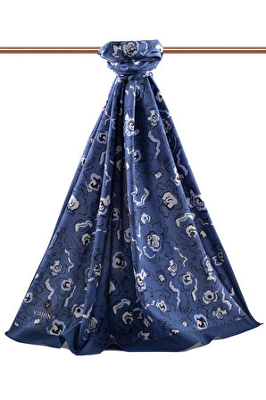 LÜKS MEDİNE İPEĞİ ÇİÇEKLİ İNDİGO - BEBE MAVİ RENKLİ 75X195 KIRIŞMAZ ŞAL MOSS KREP DİKİŞ TİPİ İTALYAN DİKİŞLİ