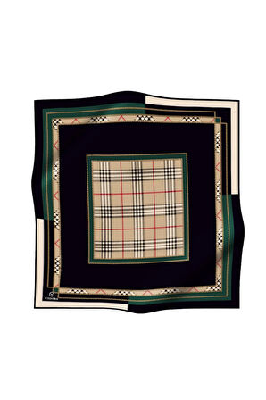 %100 Twill İpek Ekose Desenli Zümrüt Yeşili Renkli 90x90 Eşarp Dikim Şekli : El Dikişi