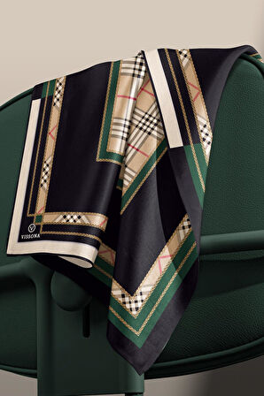 %100 Twill İpek Ekose Desenli Zümrüt Yeşili Renkli 90x90 Eşarp Dikim Şekli : El Dikişi