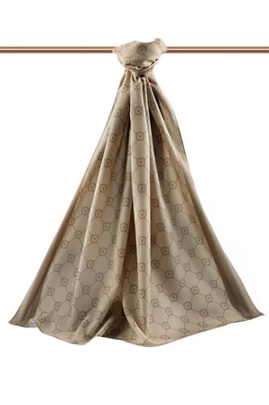 LÜKS MEDİNE İPEĞİ MONOGRAM DESENLİ BEJ RENKLİ 75X195 KIRIŞMAZ ŞAL MOSS KREP DİKİŞ TİPİ İTALYAN DİKİŞLİ