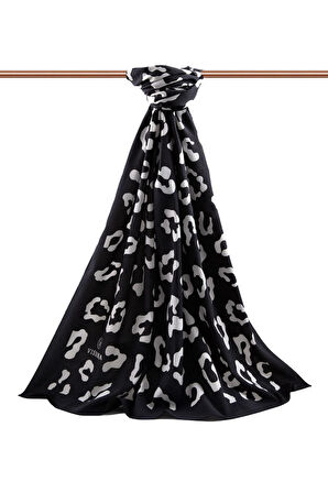 LÜKS MEDİNE İPEĞİ LEOPAR DESENLİ SİYAH RENKLİ 75X195 KIRIŞMAZ ŞAL MOSS KREP DİKİŞ TİPİ İTALYAN DİKİŞLİ