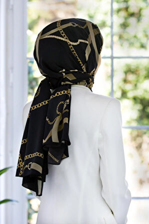 LÜKS MEDİNE İPEĞİ ZİNCİRLİ KEMER DESENLİ SİYAH RENKLİ 75X195 KIRIŞMAZ ŞAL MOSS KREP DİKİŞ TİPİ İTALYAN DİKİŞLİ