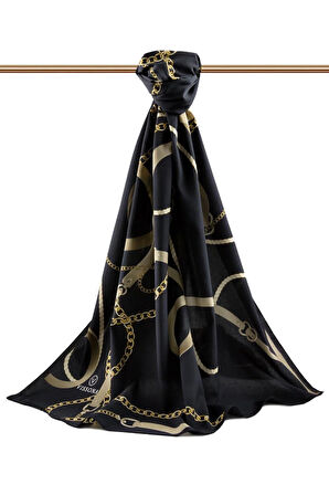 LÜKS MEDİNE İPEĞİ ZİNCİRLİ KEMER DESENLİ SİYAH RENKLİ 75X195 KIRIŞMAZ ŞAL MOSS KREP DİKİŞ TİPİ İTALYAN DİKİŞLİ