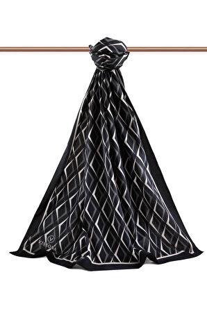 LÜKS MEDİNE İPEĞİ GEOMETRİK DESENLİ SİYAH - KREM RENKLİ 75X195 KIRIŞMAZ ŞAL MOSS KREP DİKİŞ TİPİ İTALYAN DİKİŞLİ