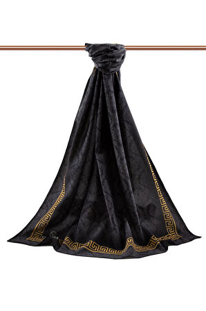 LÜKS MEDİNE İPEĞİ GOLD DETAYLI BAROK DESENLİ SİYAH RENKLİ 75X195 KIRIŞMAZ ŞAL MOSS KREP DİKİŞ TİPİ İTALYAN DİKİŞLİ