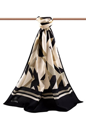 LÜKS MEDİNE İPEĞİ GEOMETRİK DESENLİ SİYAH RENKLİ 75X195 KIRIŞMAZ ŞAL MOSS KREP DİKİŞ TİPİ İTALYAN DİKİŞLİ