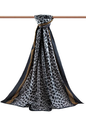 LÜKS MEDİNE BAROK BARDÜRLÜ LEOPAR DESENLİ SİYAH - GRİ RENKLİ 75X195 KIRIŞMAZ ŞAL MOSS KREP DİKİŞ TİPİ İTALYAN DİKİŞLİ