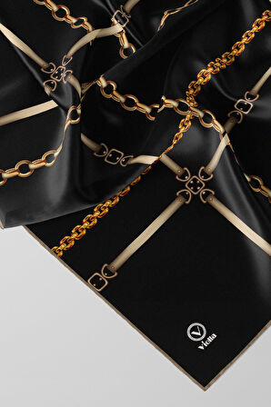 Twill Zincir ve Kemer Desenli Siyah Renkli 90x90 Eşarp (İpek İçermez) Kenar Dikiş Şekli El Dikişli