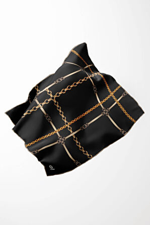 Twill Zincir ve Kemer Desenli Siyah Renkli 90x90 Eşarp (İpek İçermez) Kenar Dikiş Şekli El Dikişli