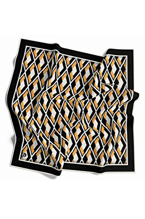 Kristal Geometrik Desenli Siyah - Gold Renkli 90x90 Eşarp (İpek İçermez) Dikim Şekli : El Dikişi