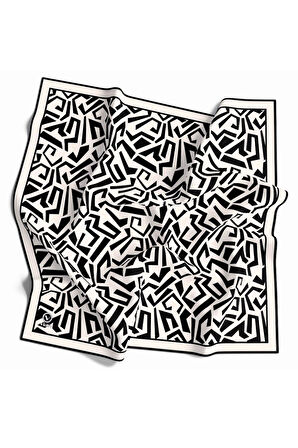Twill Geometrik Desenli Siyah Renkli 90x90 Eşarp (İpek İçermez) Kenar Dikiş Şekli El Dikişli