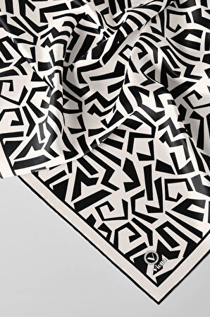 Twill Geometrik Desenli Siyah Renkli 90x90 Eşarp (İpek İçermez) Kenar Dikiş Şekli El Dikişli