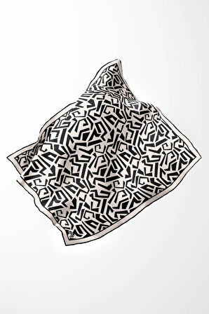 Twill Geometrik Desenli Siyah Renkli 90x90 Eşarp (İpek İçermez) Kenar Dikiş Şekli El Dikişli