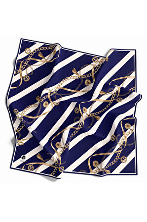 Twill Çizgili Kemer ve Zinci Desenli Krem Renkli 90x90 Eşarp (İpek İçermez) Kenar Dikiş Şekli El Dikişli