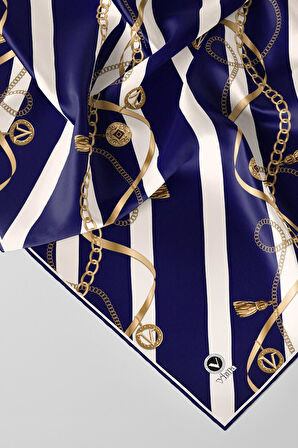 Twill Çizgili Kemer ve Zinci Desenli Krem Renkli 90x90 Eşarp (İpek İçermez) Kenar Dikiş Şekli El Dikişli