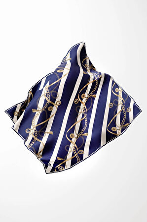 Twill Çizgili Kemer ve Zinci Desenli Krem Renkli 90x90 Eşarp (İpek İçermez) Kenar Dikiş Şekli El Dikişli