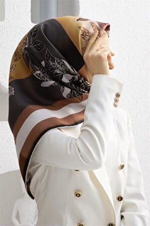 Vissona Tivil İpek Eşarp  50127 - 0007 Kahverengi Çiçek Desen