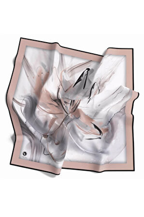 Twill Çiçek Tablo Desenli Bej Renkli 90x90 Eşarp (İpek İçermez) Kenar Dikiş Şekli El Dikişli