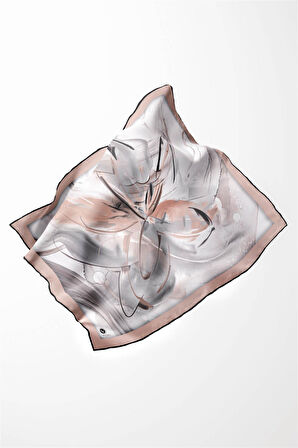 Twill Çiçek Tablo Desenli Bej Renkli 90x90 Eşarp (İpek İçermez) Kenar Dikiş Şekli El Dikişli