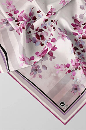 Twill Çiçek Desenli Mürdüm Renkli 90x90 Eşarp (İpek İçermez) Kenar Dikiş Şekli El Dikişli