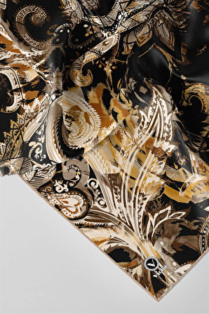 Twill Şal Desenli Bej Renkli 90x90 Eşarp (İpek İçermez) Kenar Dikiş Şekli El Dikişli