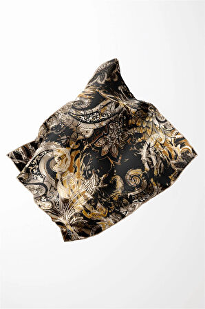 Twill Şal Desenli Bej Renkli 90x90 Eşarp (İpek İçermez) Kenar Dikiş Şekli El Dikişli