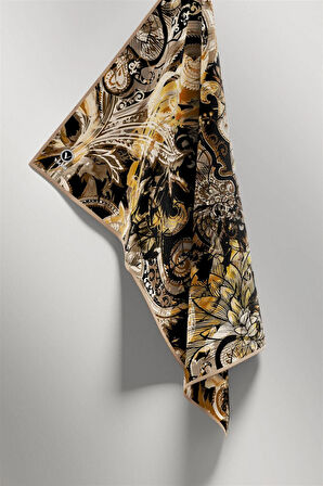 Twill Şal Desenli Bej Renkli 90x90 Eşarp (İpek İçermez) Kenar Dikiş Şekli El Dikişli