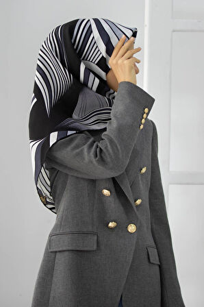 %100 Twill İpek Okyanus Dalgası Desenli Siyah - Krem Renkli 90x90 Eşarp Kenar Dikiş Şekli El Dikişli