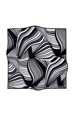 %100 Twill İpek Okyanus Dalgası Desenli Siyah - Krem Renkli 90x90 Eşarp Kenar Dikiş Şekli El Dikişli