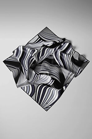 %100 Twill İpek Okyanus Dalgası Desenli Siyah - Krem Renkli 90x90 Eşarp Kenar Dikiş Şekli El Dikişli