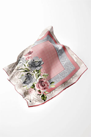Twill Çiçek Desenli Pudra  Renkli 90x90 Eşarp (İpek İçermez) Kenar Dikiş Şekli El Dikişli