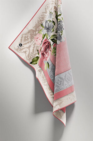 Twill Çiçek Desenli Pudra  Renkli 90x90 Eşarp (İpek İçermez) Kenar Dikiş Şekli El Dikişli