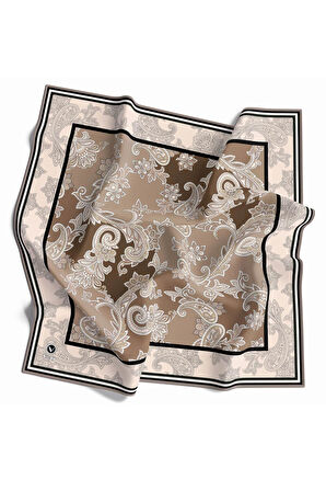 Kristal Şal Desenli Bej Renkli 90x90 Eşarp (İpek İçermez) Kenar Dikiş Şekli El Dikişli