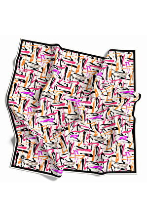 Twill Geometrik Desenli Pembe - Turuncu Renkli 90x90 Eşarp (İpek İçermez) Dikim Şekli : El Dikişi